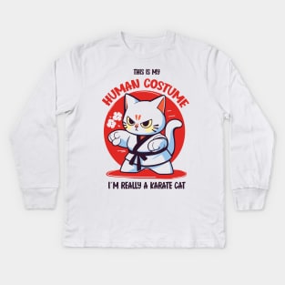 Karate Cat Halloween T-Shirt | This is My Human Costume | Martial Arts Anime Shirt | Manga Style Tee | Cat Lovers Gift Kids Long Sleeve T-Shirt